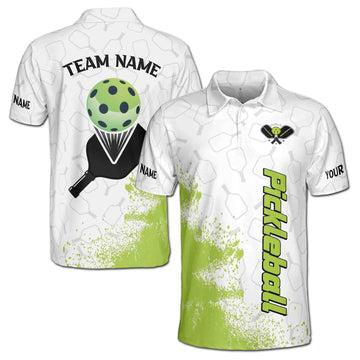 Custom Name Team Pickleball White Green Paddle Men's Polo Shirt S-5XL