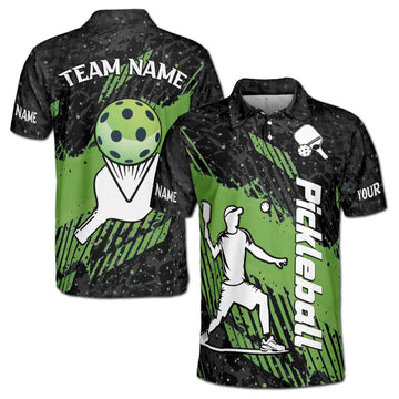 Custom Name Pickleball Player Silhouette Green Striped Men's Polo Shirt S-5XL