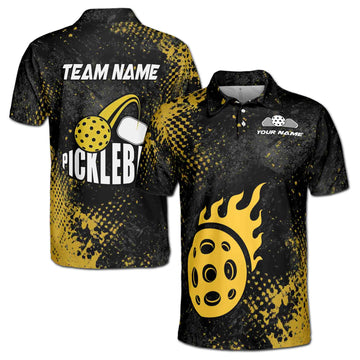 Custom Name Team Pickleball on Fire Yellow Men's Polo Shirt S-5XL