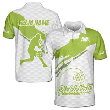 Custom Name Team Pickleball White Green Color Streak Men's Polo Shirt S-5XL
