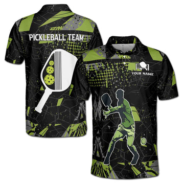 Custom Name Team Pickleball Lover Grunge Green Pattern Men's Polo Shirt S-5XL