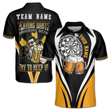 Customized Try To Keep Up Playing Darts Drinking Beer Men's Polo Shirt S-5XL