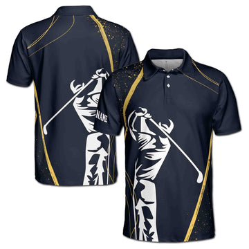 Custom Name Stylized Golf Player Swing Golden Spatter Men's Polo Shirt S-5XL