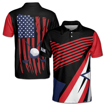 Custom Name Golf American Flag Gift for Golfer Men's Polo Shirt S-5XL