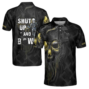 Bowling Shut Up Polo Shirt, Scary Halloween Gift Idea For Male Bowlers, Skull Bowling Men's Polo Shirts S-5XL