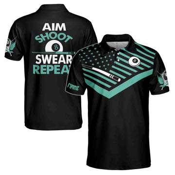 Aim Shoot Swear Repeat Billiards Custom American Flag Men's Polo Shirt S-5XL