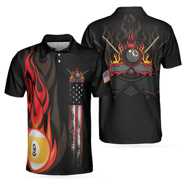 Flame 9 Ball Billiards Pool, American Flag Billiards Men's Polo Shirt S-5XL