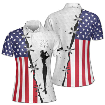 Custom Name American Lady Golfing USA Flag Golf Women's Polo Shirts S-5XL
