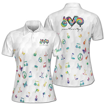 Custom Name Colorful Watercolor Peace Love Golf Women's Polo Shirt S-5XL
