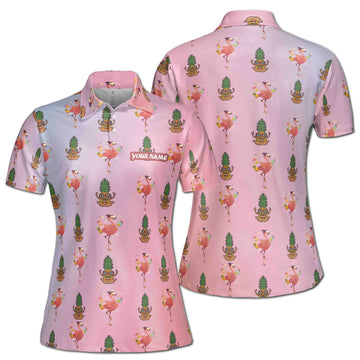 Funny Gradient Summer Flamingo And Pineapple Women's Polo Shirt S-5XL
