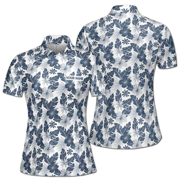 Custom Name Gray Floral Palm Leaf Golf Women's Polo Shirt S-5XL