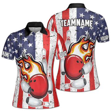 Personalized Patriotic American Bowling Player Women's Polo Shirt S-5XL