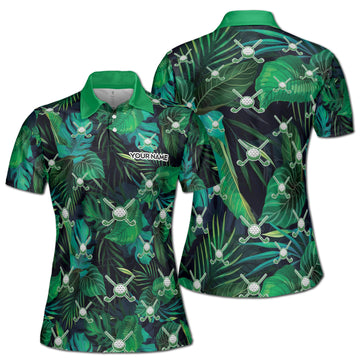 Custom Green Tropical Palm Leaf Golf Lover Women's Polo Shirt S-5XL