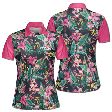Custom Name Pink Floral Golfer Women's Polo Shirt S-5XL