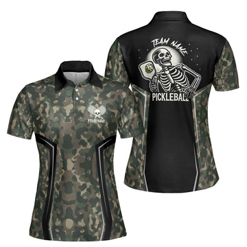 Personalized Name Camo Pattern Skull Plays Pickleball Women's Polo Shirt S-5XL