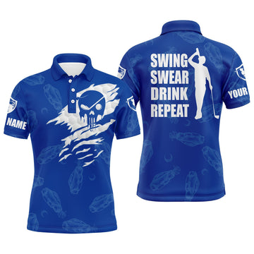 Custom Name Swing Swear Drink Repeat Golf Clubs Blue Apparel Men's Polo Shirt