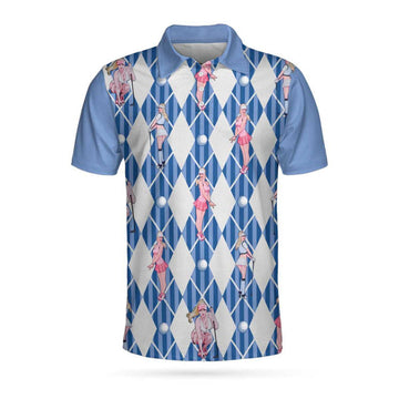Blue Hot Golf Short Sleeve Polo Shirt, Argyle Pattern Fun Golf Shirt For Men