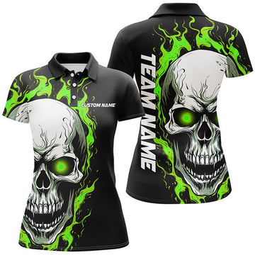 Custom Green Flame Skull Bowling Team Outfit for Women Women's Polo Shirts S-5XL