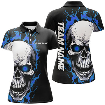 Custom Blue Flame Skull Bowling Team Sport Outfits Women's Polo Shirts S-5XL