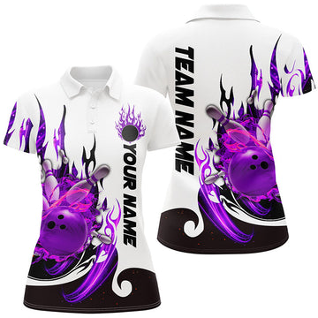 Custom Purple Flame Galaxy Bowling Team Bowling Uniform Women's Polo Shirts S-5XL