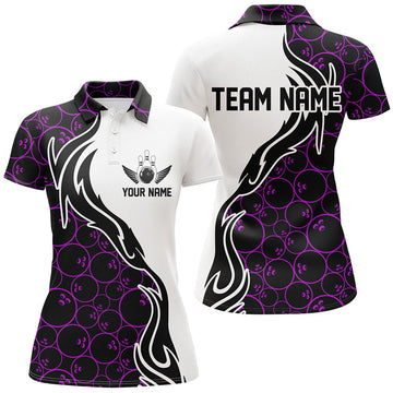 Custom Purple Flame Bowling Team Shirt with Bowling Pattern Women's Polo Shirts S-5XL