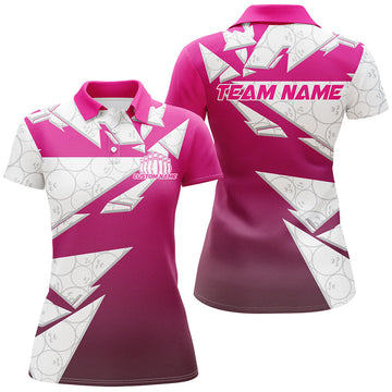 Custom Pink Bowling Team Outfits With Bowling Ball Pattern Women's Polo Shirts S-5XL
