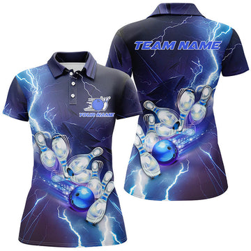 Custom Blue Lightning Thunder Team Bowling for Women's Polo Shirts S-5XL