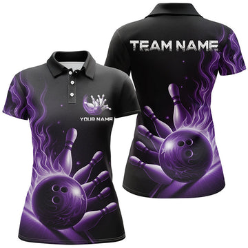 Custom Personalized Purple Flame Bowling for Team Women's Polo Shirts S-5XL