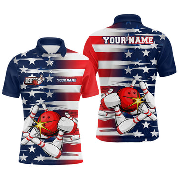 Personalized US Flag Strike Bowling Team Shirt Patriotic Men's Polo Shirt