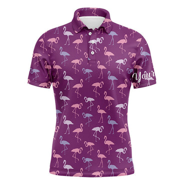 Custom Name Golf Tropical Purple Flamingo Personalized Gift Men's Polo Shirt