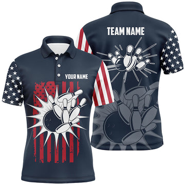 Custom Blue Retro USA Flag Bowling Shirt For Men Men's Polo Shirt