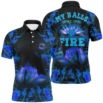 Blue Flame Bowling Shirt Custom Name Balls on Fire Men's Polo Shirt S-5XL
