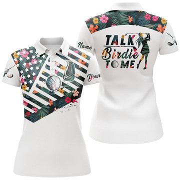 Custom American Flag Tropical Flower Talk Birdie To Me Golf Women's Polo Shirts S-5XL