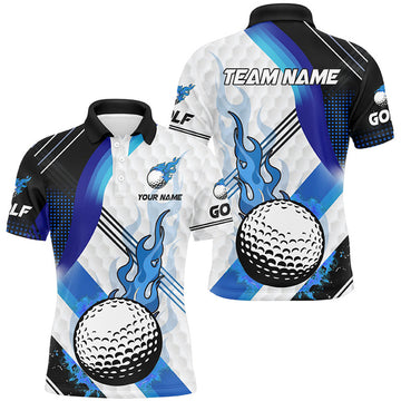 Custom Blue Flame White Golf Ball Pattern Golf Top Gift Men's Polo Shirt S-5XL