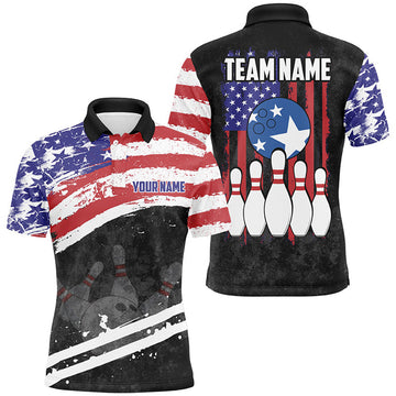 Custom Patriotic Retro American Flag Bowling Quarter Zip Men's Polo Shirt S-5XL