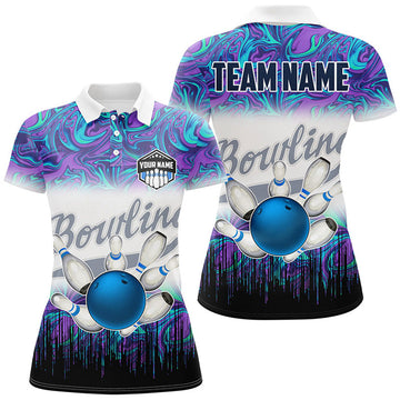 Custom Bowling Team Blue Purple Marble Pattern Women's Polo Shirts S-5XL