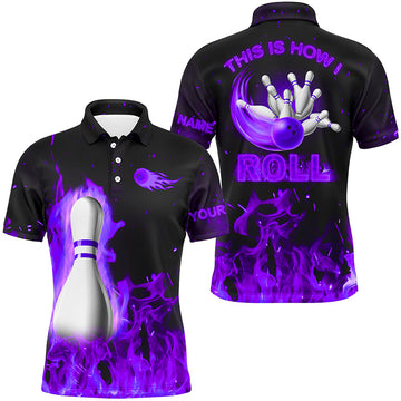 Custom Bowling Quarter Zip Purple Flame Men's Polo Shirt S-5XL