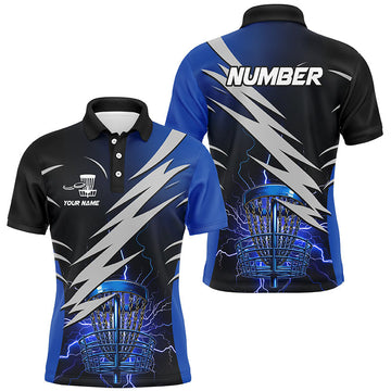 Custom Blue Lightning Thunder Disc Golf Basket Men's Polo Shirt S-5XL