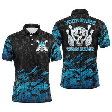 Skull Bowling Custom Name Team Blue Skeleton Polo Shirt Men's Polo Shirt S-5XL