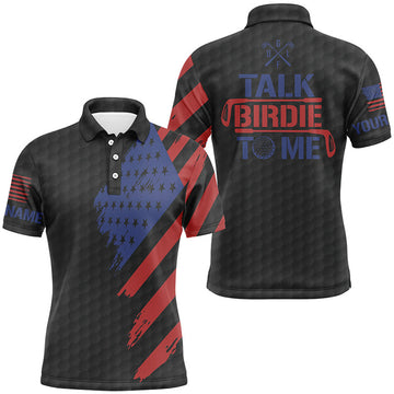 Funny Men's Golf American Flag Black Talk Birdie to Me Men's Polo Shirt S-5XL
