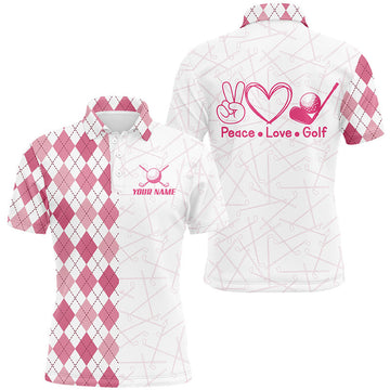 Custom Pink Argyle Golf Jersey Peace Love Golf Men's Polo Shirt S-5X