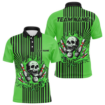 Green and Black Stripes Men's Bowling Polo Shirt Size S-5XL