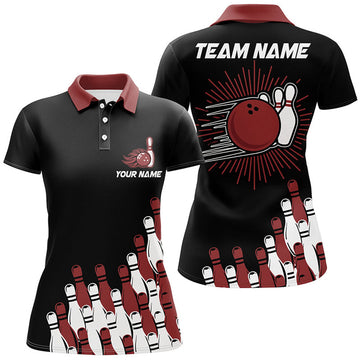 Custom Black Retro Bowling Team Bowling Polo Shirts Red Women's Polo Shirts S-5XL