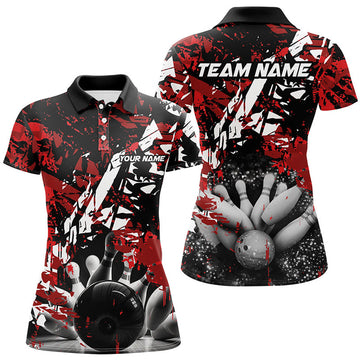 Custom Name Black Red Camo Bowling Ball Pins Team Shirt Women's Polo Shirts S-5XL