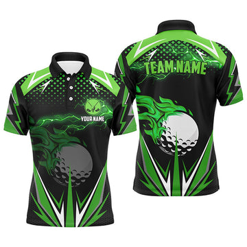 Custom Black Men's Golf Polo Shirts Green Fire Lightning Men's Polo Shirt S-5XL