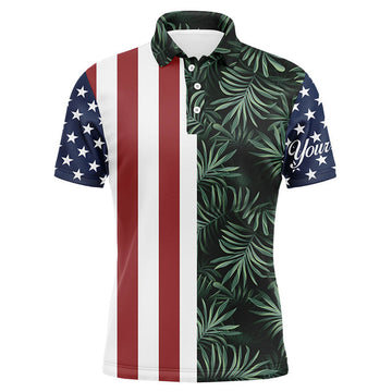 American Flag Tropical Leaves Custom Golf Mens Polo Shirt S-5XL