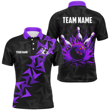 Black and Purple Flame Camo Quarter Zip Custom Bowling Men's Polo Shirt S-5XL