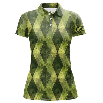 Custom Green Argyle Grunge Golf Shirt Women's Polo Shirts S-5XL