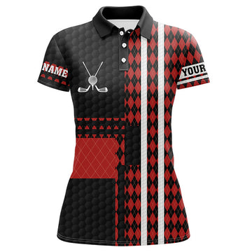 Custom Name Black and Red Argyle Golf Shirt Gift for Her Women's Polo Shirts S-5XL