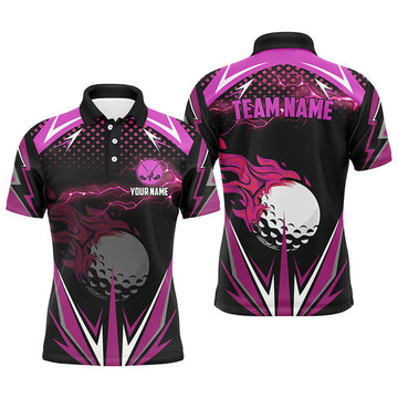 Custom Black Men's Golf Polo Shirts Pink Fire Lightning Men's Polo Shirt S-5XL